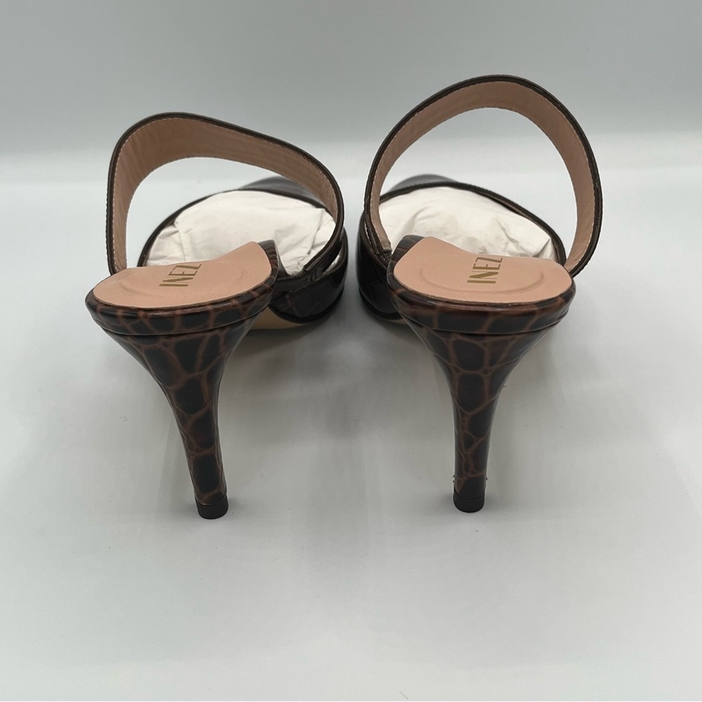 Inez Mora Mule in Cocoa Croco Pointed Toe Embossed Leather Slip-On Shoes - Picture 8 of 11
